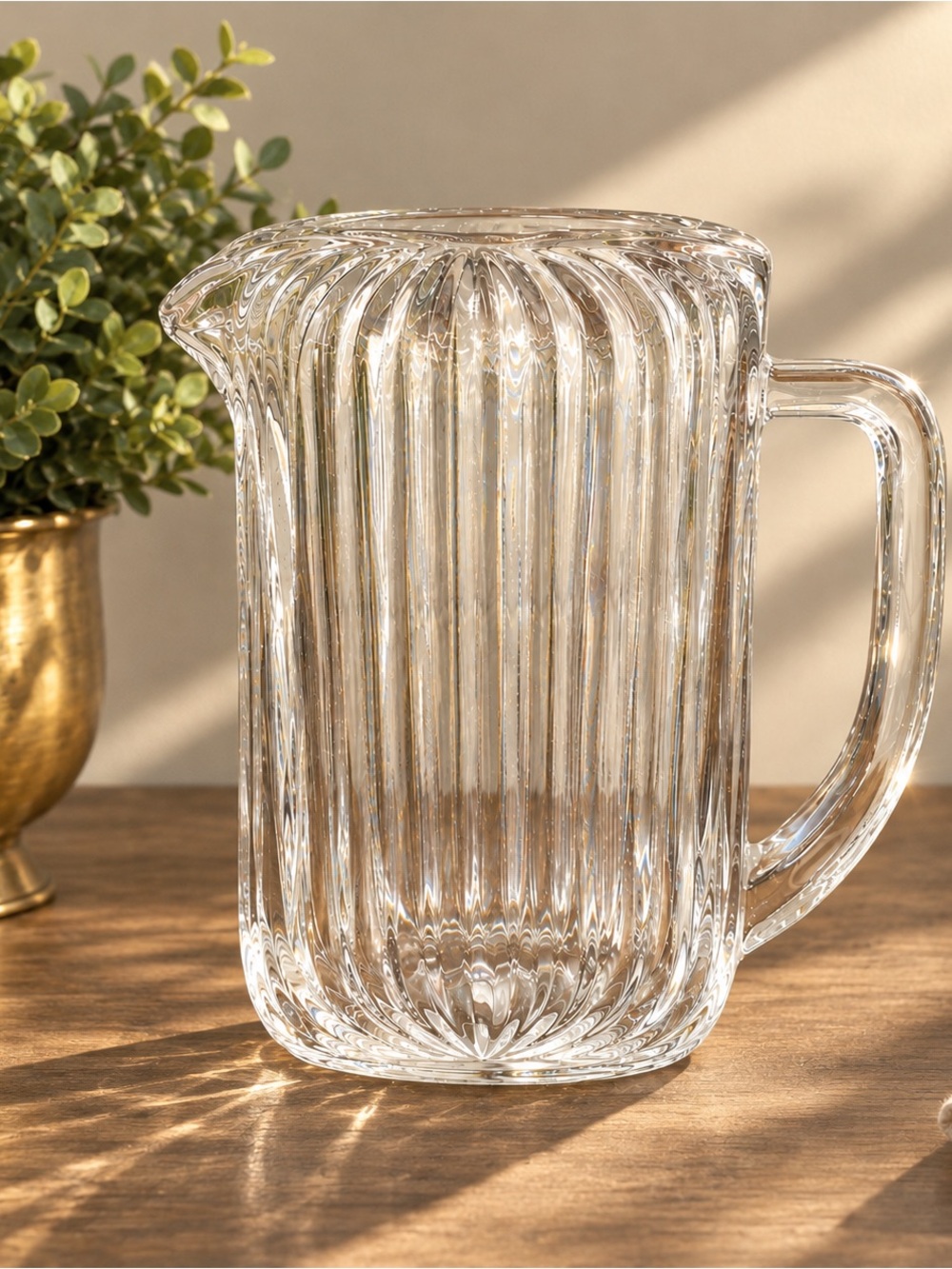 Art Deco Clear Ribbed Glass Pitcher - Elegant Home Dining Carafe